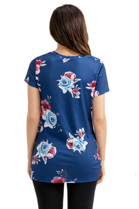 Sexy Dark Blue Floral Short Sleeve Knot Top