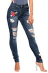 Sexy Dark Blue Mid Rise Distressed Rose Embroidery Jeans