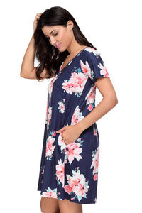 Sexy Dark Blue Pocket Design Summer Floral Shirt Dress