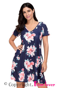 Sexy Dark Blue Pocket Design Summer Floral Shirt Dress