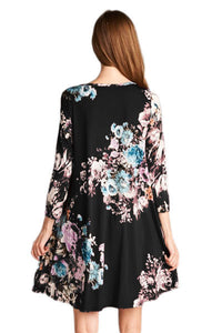Sexy Dark Floral Long Sleeve A-Line Tunic Dress