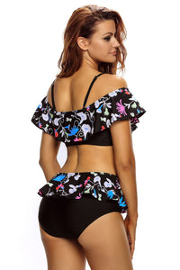 Sexy Dark Floral Print Ruffle 2pcs Swimsuit