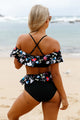 Sexy Dark Floral Print Ruffle 2pcs Swimsuit