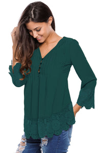 Sexy Dark Green Lace Detail Button Up Sleeved Blouse