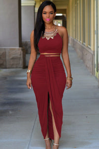 Sexy Date Red Cotton Two Piece Maxi Skirt Set