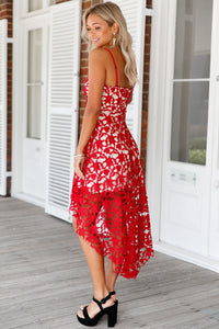 Sexy Date Red Hollow Lace Nude Illusion Hi-low Party Dress