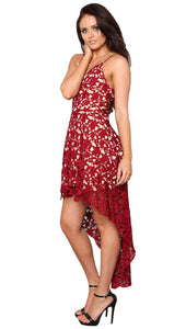 Sexy Date Red Hollow Lace Nude Illusion Hi-low Party Dress