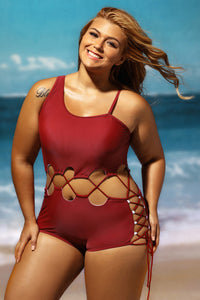 Sexy Date Red Lace Up Cutout Asymmetric Shoulder Monokini