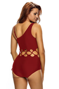 Sexy Date Red Lace Up Cutout Asymmetric Shoulder Monokini