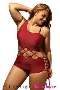 Sexy Date Red Lace Up Cutout Asymmetric Shoulder Monokini