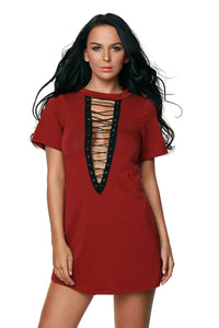 Sexy Date Red Lace Up Half Sleeves Tee Dress