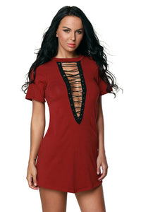 Sexy Date Red Lace Up Half Sleeves Tee Dress