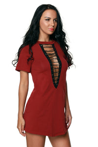 Sexy Date Red Lace Up Half Sleeves Tee Dress