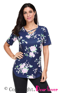Sexy Deep Blue Super Soft Floral Tee Shirt with Crisscross Neck
