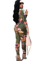 Sexy Deep Cut Floral Print Belt Bodycon Jumpsuit
