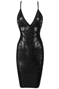Sexy Deep V Neck Alligator Coated Foil Little Black Bandage Dress