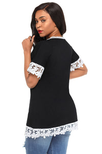 Sexy Delicate Lace Trim Black Short Sleeve Top