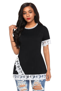 Sexy Delicate Lace Trim Black Short Sleeve Top