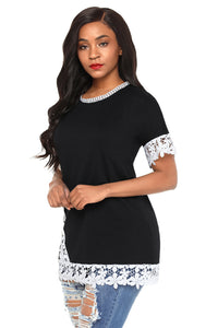 Sexy Delicate Lace Trim Black Short Sleeve Top