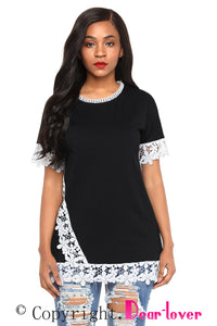 Sexy Delicate Lace Trim Black Short Sleeve Top