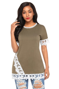 Sexy Delicate Lace Trim Olive Short Sleeve Top