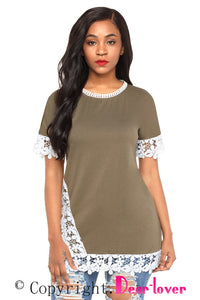 Sexy Delicate Lace Trim Olive Short Sleeve Top