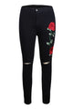 Sexy Double Rose Embroidery Distressed Black Skinny Jeans