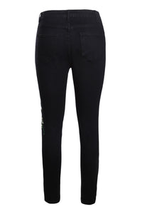 Sexy Double Rose Embroidery Distressed Black Skinny Jeans