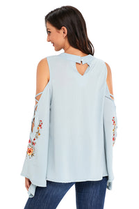 Sexy Dusty Mint Embroidered Crisscross Bell Sleeve Blouse