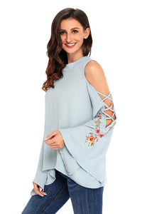 Sexy Dusty Mint Embroidered Crisscross Bell Sleeve Blouse
