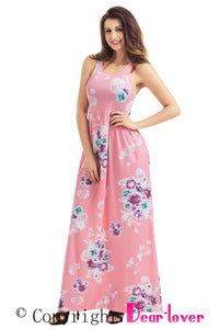 Sexy Dusty Pink Floral Print Sleeveless Long Boho Dress