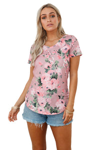 Sexy Dusty Pink Floral V Neck Short Sleeve T-shirt