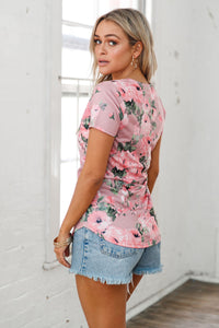Sexy Dusty Pink Floral V Neck Short Sleeve T-shirt
