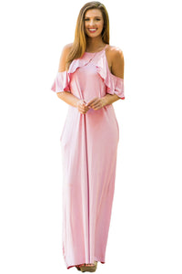 Sexy Dusty Pink Ruffle Sleeve Cold Shoulder Maxi Dress