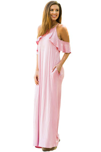 Sexy Dusty Pink Ruffle Sleeve Cold Shoulder Maxi Dress