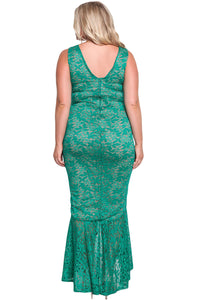 Sexy Emerald Plus Size Floral Lace Ruffle Mermaid Maxi Gown
