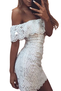 Sexy Fashion Lace Crochet Off Shoulder Scalloped Bodycon Dress