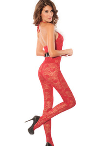 Sexy Fiery Red Xmas Lace Catsuit