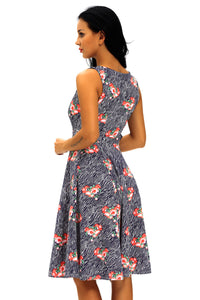 Sexy Flared Sleeveless High Waist Floral Vintage Dress with Belt