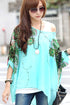 Sexy Floral Detail Batwing Sleeve Loose-Fitting Blue Chiffon Blouse