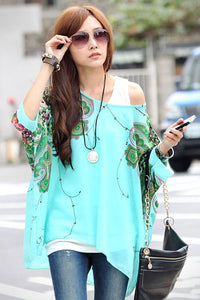 Sexy Floral Detail Batwing Sleeve Loose-Fitting Blue Chiffon Blouse