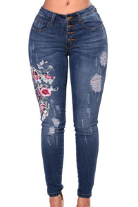 Sexy Floral Embroidered Whisker Detail Skinny Jeans