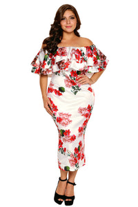 Sexy Floral Layered Ruffle Off Shoulder Curvaceous Dress
