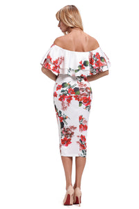 Sexy Floral Layered Ruffle Off Shoulder Midi Dress