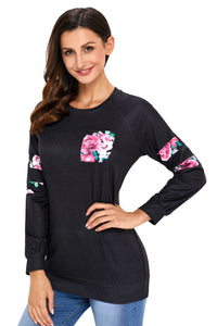 Sexy Floral Patch Accent Black Sweatshirt