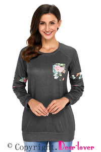 Sexy Floral Patch Accent Gray Sweatshirt
