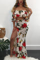 Sexy Floral Print Bardot Ruffle Crop Top and Split Maxi Skirt