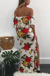 Sexy Floral Print Bardot Ruffle Crop Top and Split Maxi Skirt