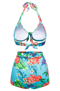 Sexy Floral Print Bluish Retro High Waist 2 Pieces Swimsuit