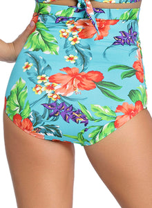Sexy Floral Print Bluish Retro High Waist Swim Bottom